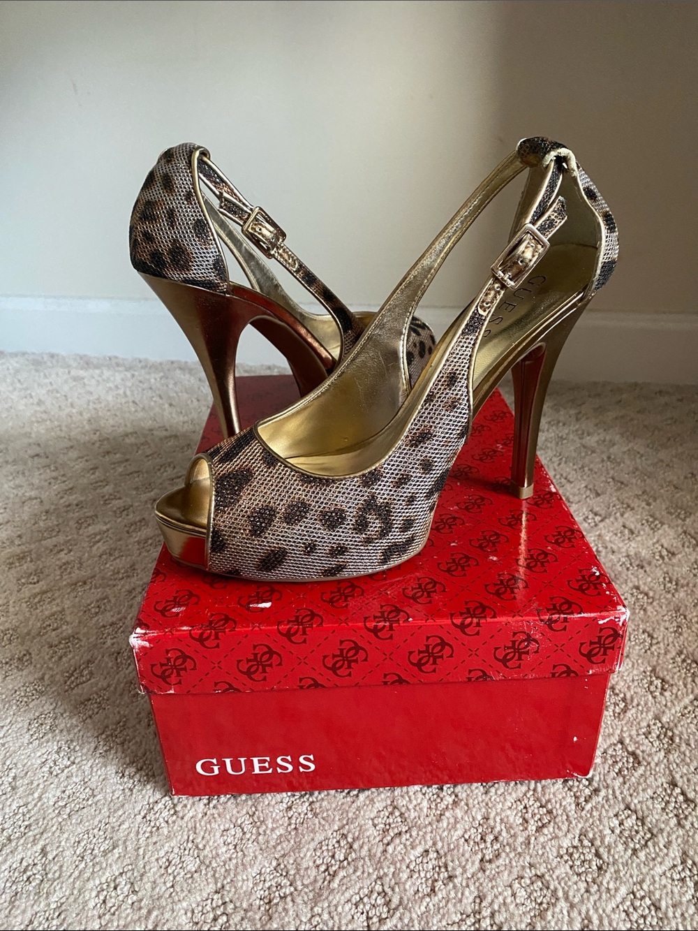 Guess Leopard Print Peep-Toe Heels